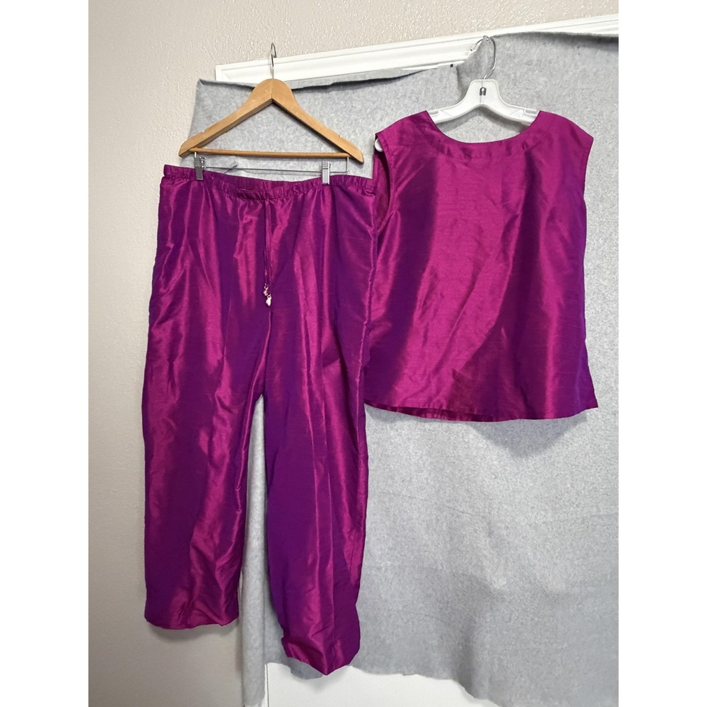 Ashro Set Womens 18 Pink Satin Scoop Neck Tank Elastic Waist Pants 2 Piece